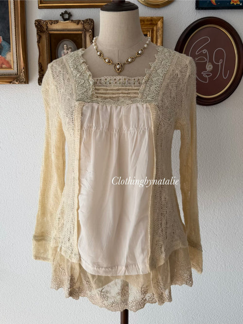 Yellow Knit Lace Blouse Size S