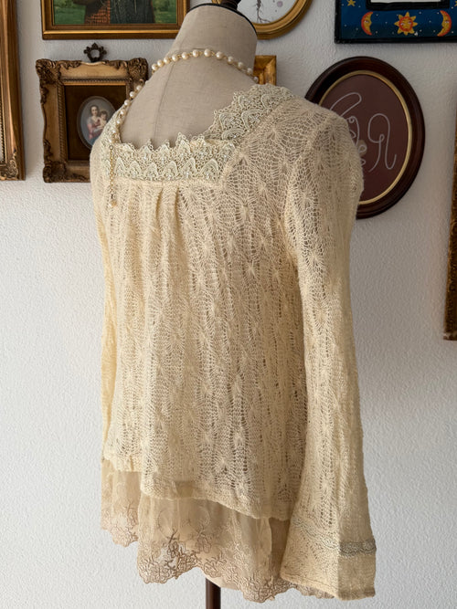 Yellow Knit Lace Blouse Size S