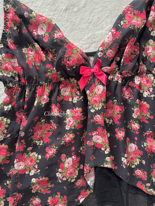 Japanese Black Floral Chiffon Babydoll Size XL