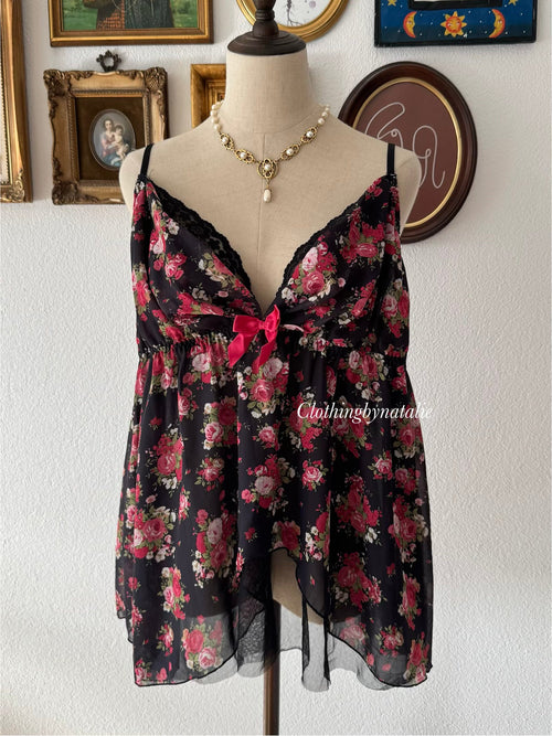 Japanese Black Floral Chiffon Babydoll Size XL