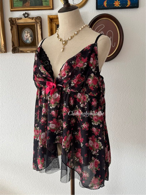 Japanese Black Floral Chiffon Babydoll Size XL