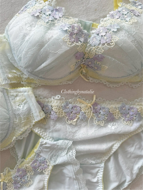 Japanese Blue Floral Lingerie Set Size 75B (Pre-order other sizes in description)