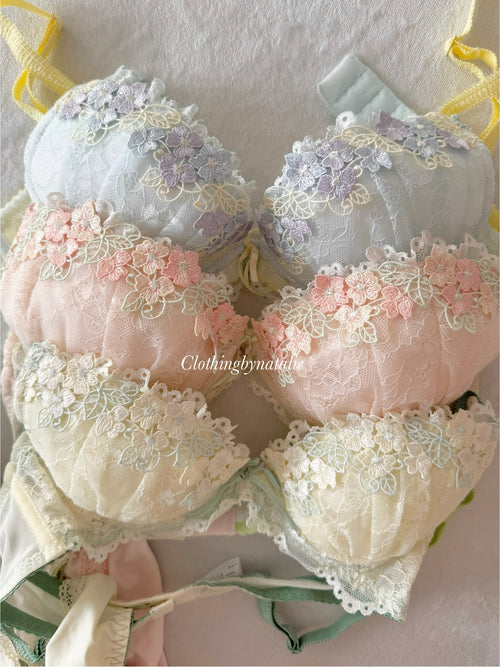 Japanese Blue Floral Lingerie Set Size 75B (Pre-order other sizes in description)