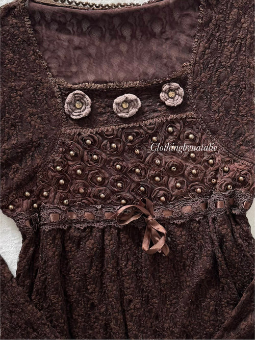 Whimsical Brown Lace Blouse Size S