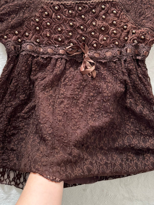 Whimsical Brown Lace Blouse Size S