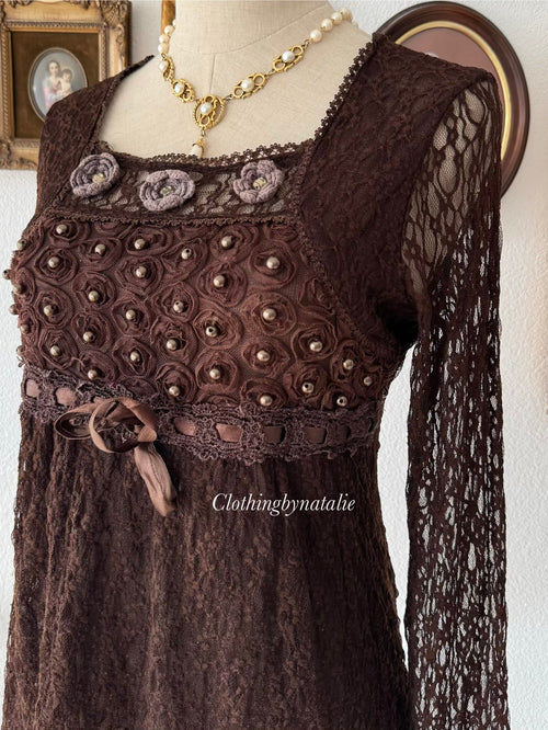 Whimsical Brown Lace Blouse Size S