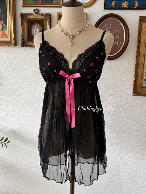 Black Pink Mesh Babydoll Size M