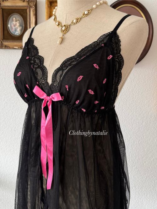 Black Pink Mesh Babydoll Size M