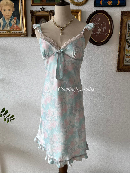 Fairy Blue Floral Satin Slip Size S