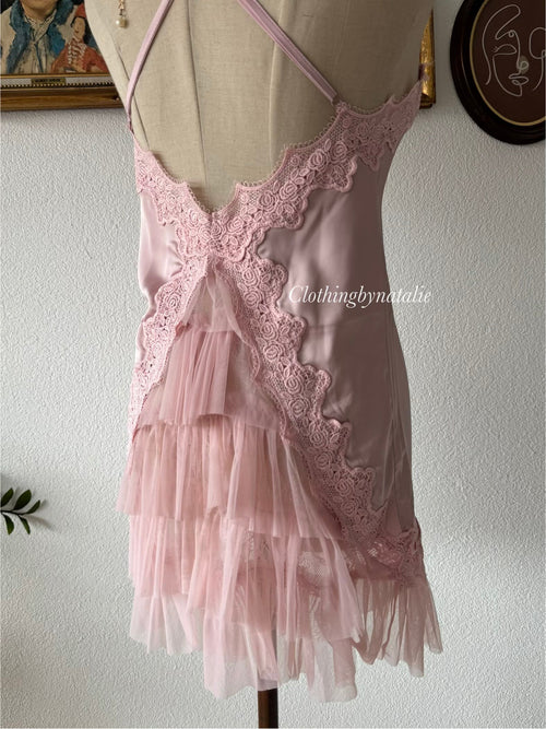 Romantic Pink Satin Mini Dress Size XS
