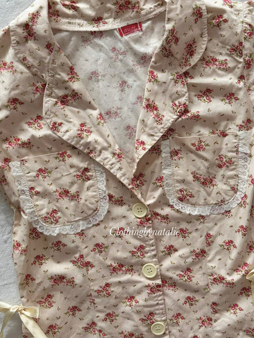Y2K Floral Cotton Blouse Size XS