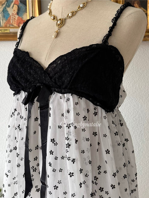 Black White Poka Dot Chiffon Babydoll size S