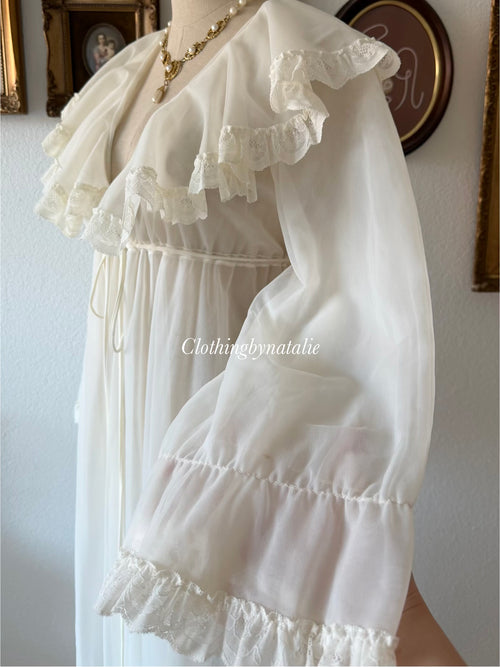 Victorian White Nylon Chiffon Robe Size S