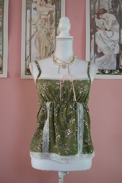 Elena Top Green Floral (Handmade- One size S/M)