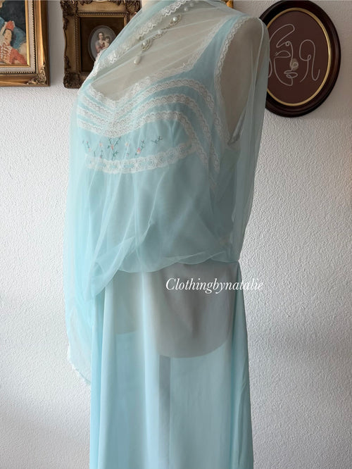 Vintage Blue Nylon Peignoir Set Size M