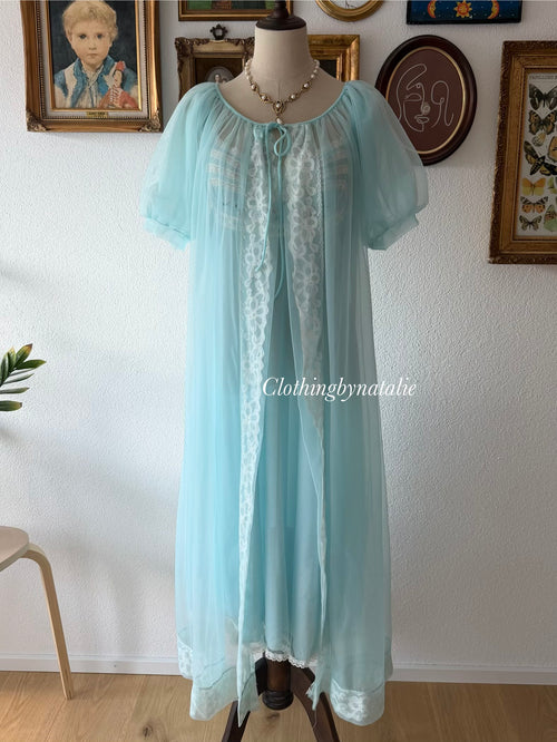 Vintage Blue Nylon Peignoir Set Size M