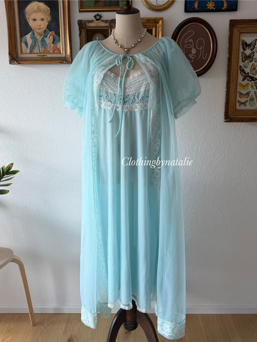 Vintage Blue Nylon Peignoir Set Size M