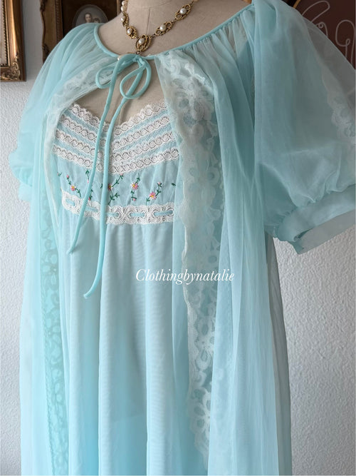 Vintage Blue Nylon Peignoir Set Size M