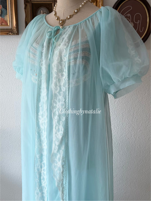 Vintage Blue Nylon Peignoir Set Size M