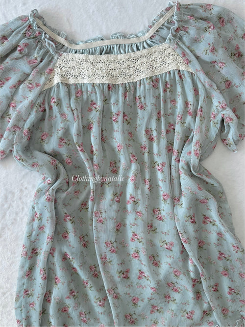 Floral Blue Chiffon Slip Dress (S/M)