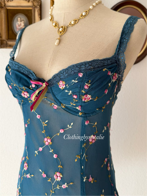 Embroidery Floral Blue Bustier Size M/80A/B