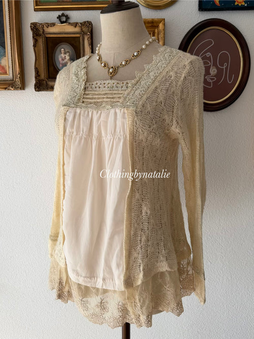 Yellow Knit Lace Blouse Size S