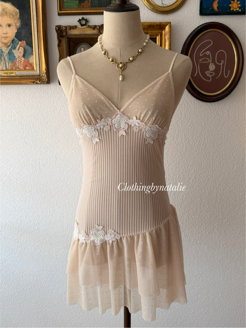 Nude Lace Nylon Slip Size S