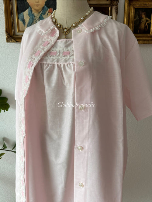 Vintage Blush Pink Cotton Nightgown Set size M
