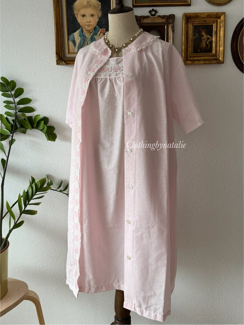 Vintage Blush Pink Cotton Nightgown Set size M