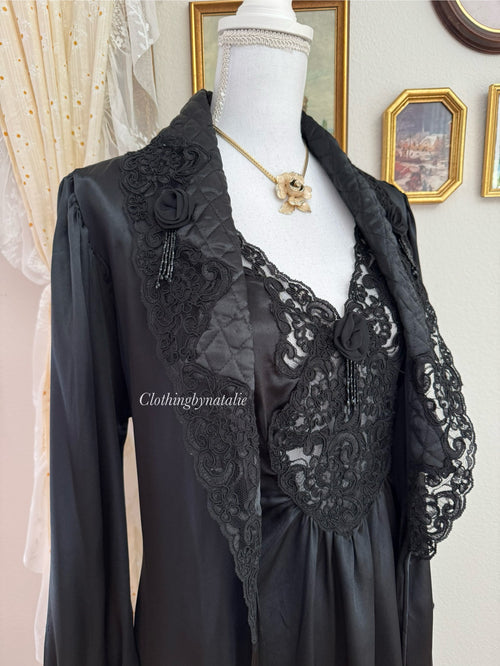 Intimate Concepts by Terry Ruso Black Satin Peignoir Set (size S/M)