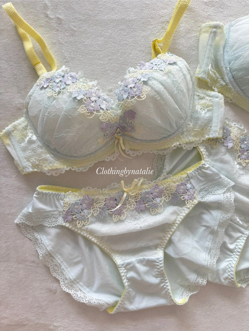 Japanese Blue Floral Lingerie Set Size 75B (Pre-order other sizes in description)