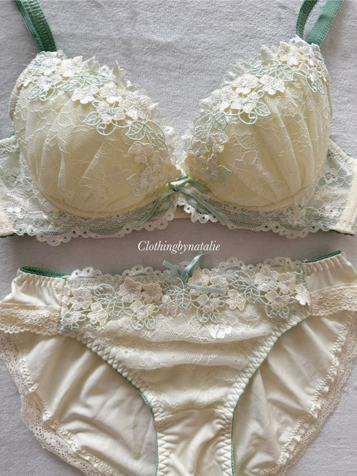 Japanese Green Floral Lingerie Set Size 70B (Pre-order other sizes in description)