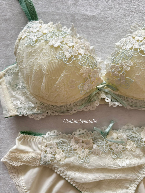 Japanese Green Floral Lingerie Set Size 70B (Pre-order other sizes in description)