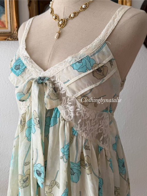 Blue Floral Chiffon Sheer Slip Size S