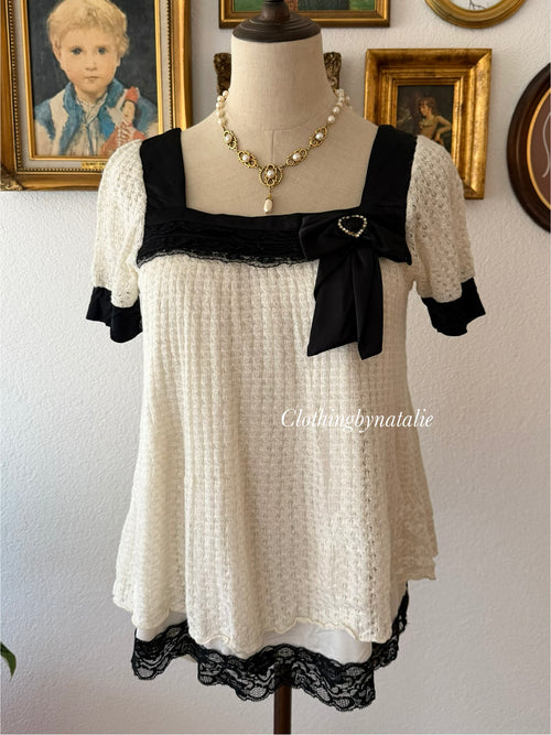Black White Knit Blouse size S