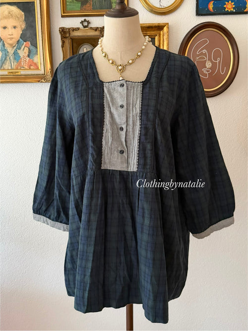 Green Cotton Plaid Blouse size M