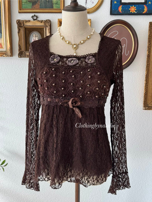 Whimsical Brown Lace Blouse Size S