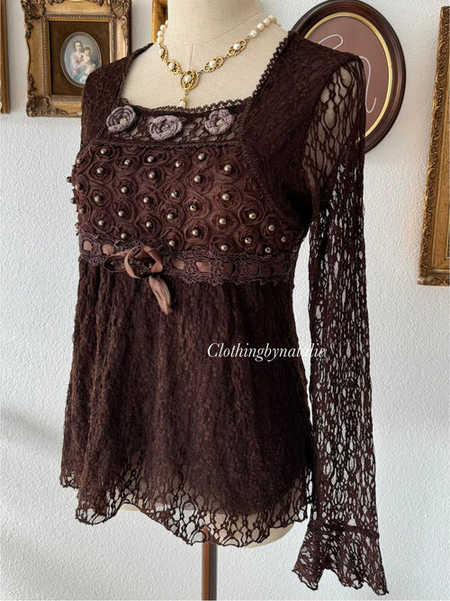 Whimsical Brown Lace Blouse Size S