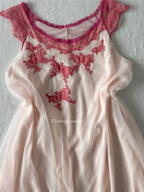 Vintage Pink Chiffon Short Sleeves Babydoll size S/M