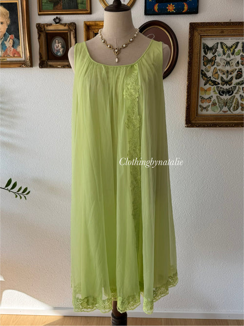 Vintage Green Nylon Chiffon Nightgown Size M