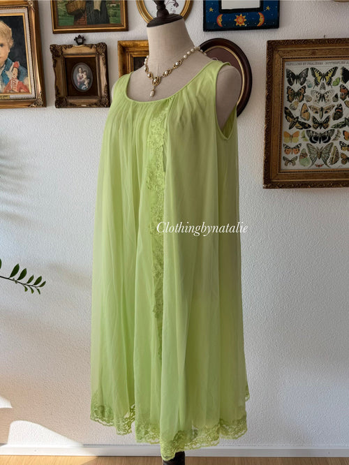 Vintage Green Nylon Chiffon Nightgown Size M