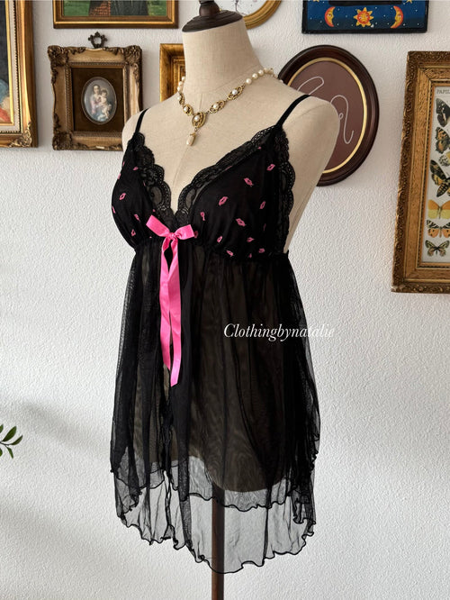 Black Pink Mesh Babydoll Size M