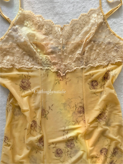 Yellow Floral Mesh Slip Dress Size M