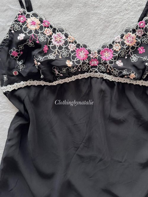 Floral Embroidery Black Chiffon Cami Size S