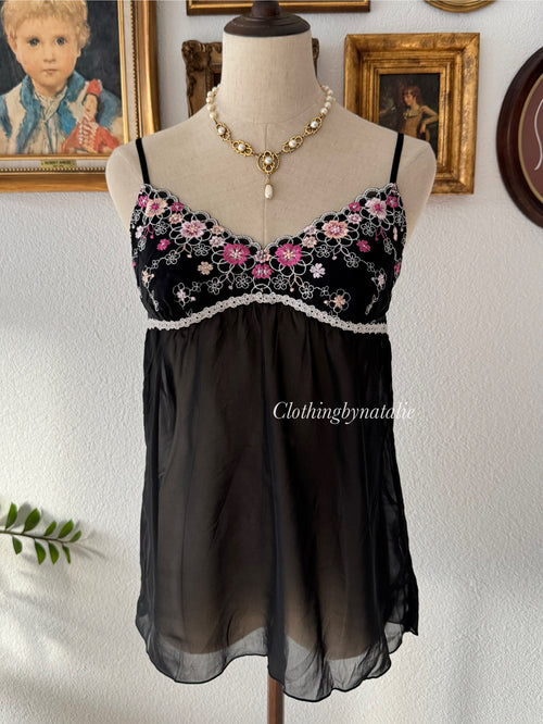 Floral Embroidery Black Chiffon Cami Size S