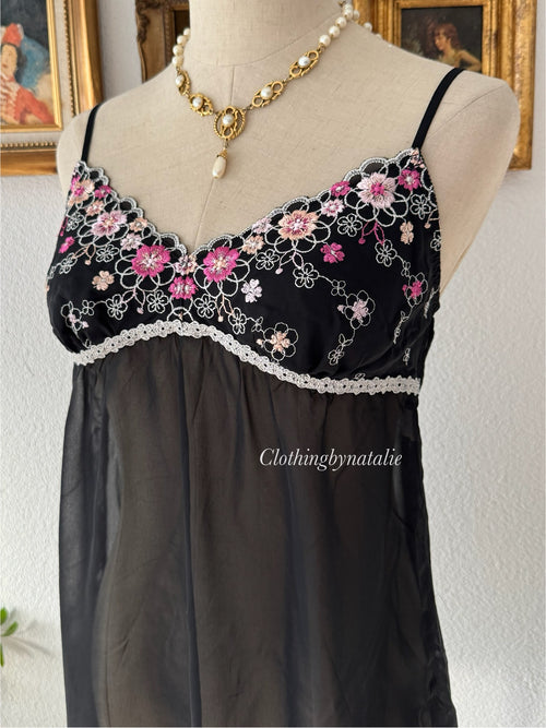 Floral Embroidery Black Chiffon Cami Size S