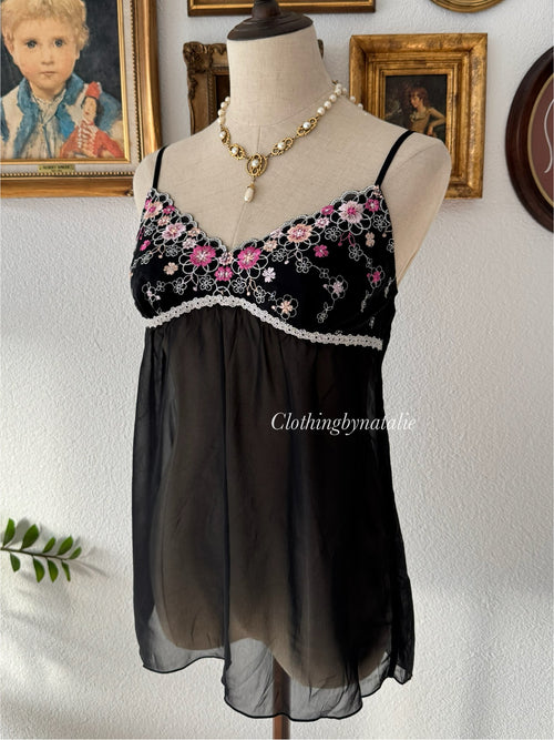 Floral Embroidery Black Chiffon Cami Size S