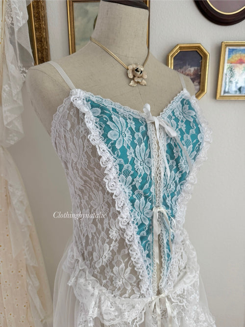VTG Blue Satin Frilly Lace Lingerie size S/M