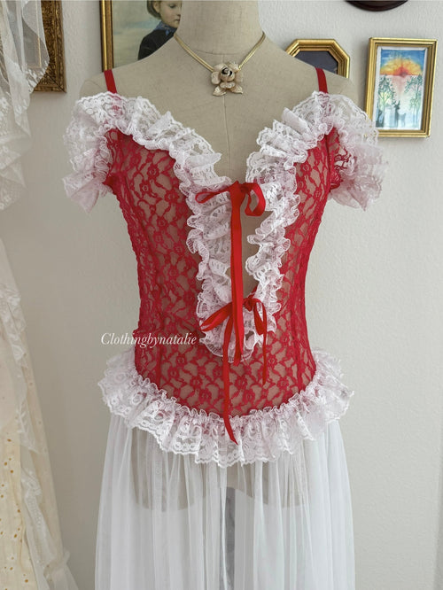 VTG Frilly Red White Lace Maxi Lingerie size S