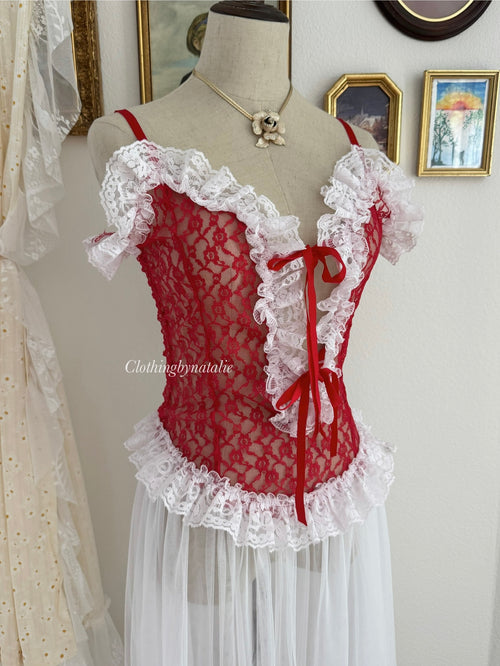 VTG Frilly Red White Lace Maxi Lingerie size S